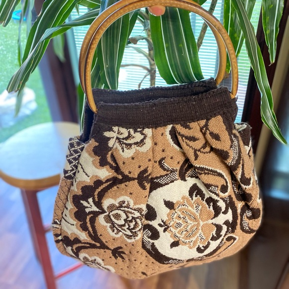 Vintage Knit Wool Purse with Wood Style Handles - Picture 2 of 6